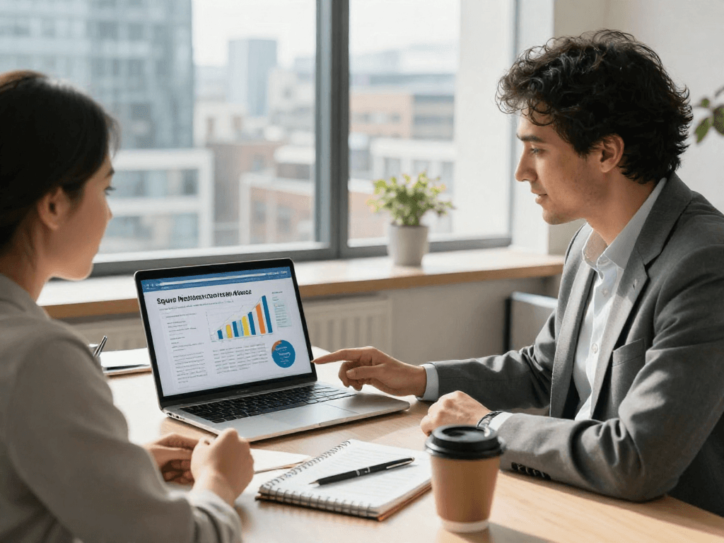 Consultant reviewing a Square merchant cash advance with a small business owner in a bright office environment, showcasing collaboration.