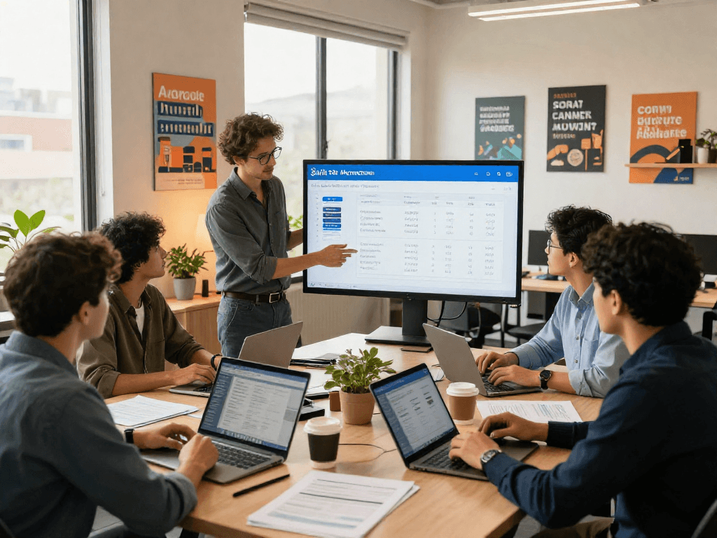 Entrepreneurs discussing Square merchant cash advance options in a modern office setting.