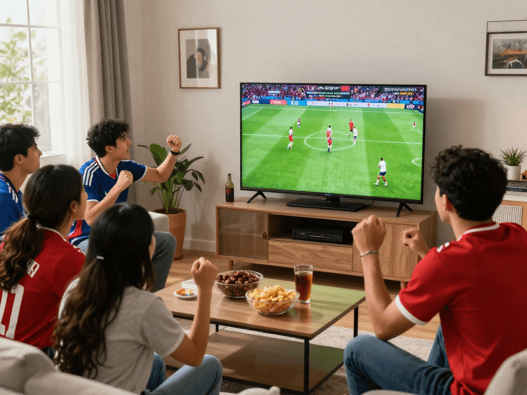 Group of soccer fans watching RakhoiTV in HD during a live match