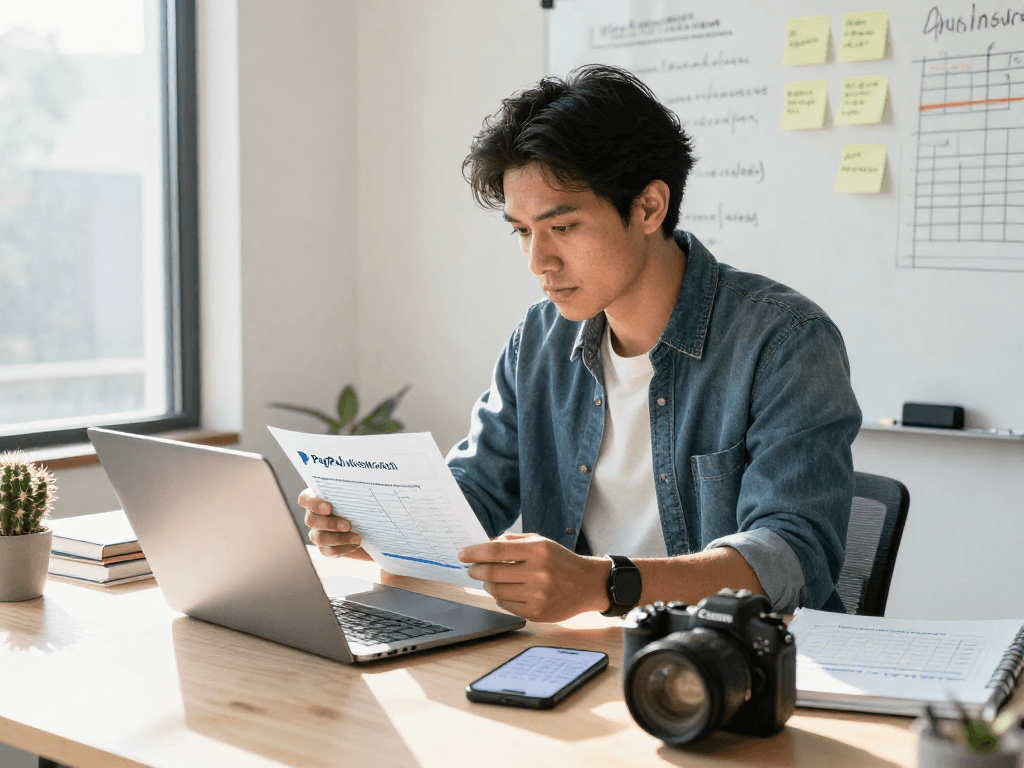 Analyzing PayPal merchant cash advance options in an office setting, entrepreneur focused on financial reports and strategies.